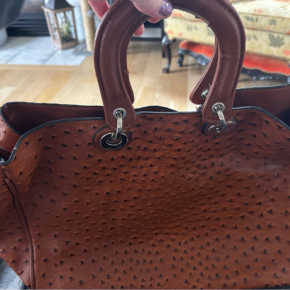 MG brown/dark camel large leather tote with large clutch.